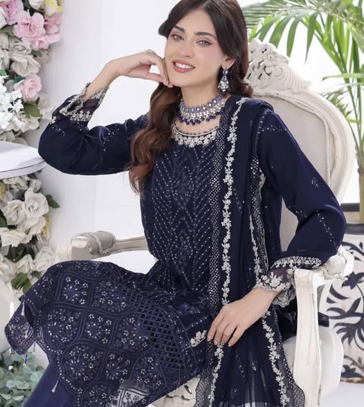 Navy Chiffon Embroidered Suit