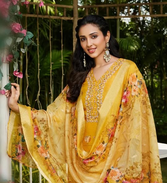 Yellow Dola Silk Embroidered Suit – Size 48