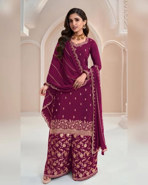 Maroon Chinon Embroidered Sharara