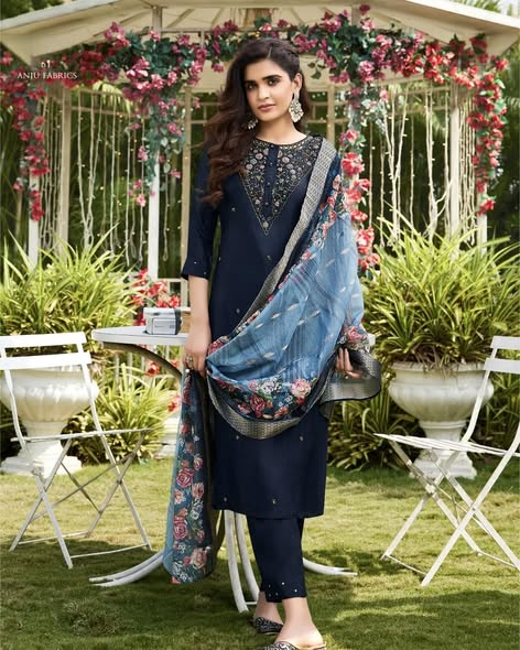 Navy Dola Silk Embroidered Suit – Size 48