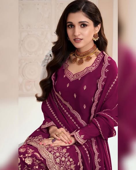 Maroon Chinon Embroidered Sharara