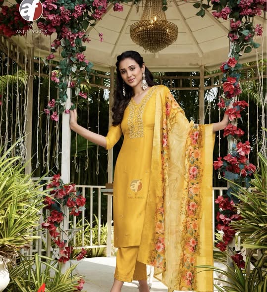 Yellow Dola Silk Embroidered Suit – Size 48