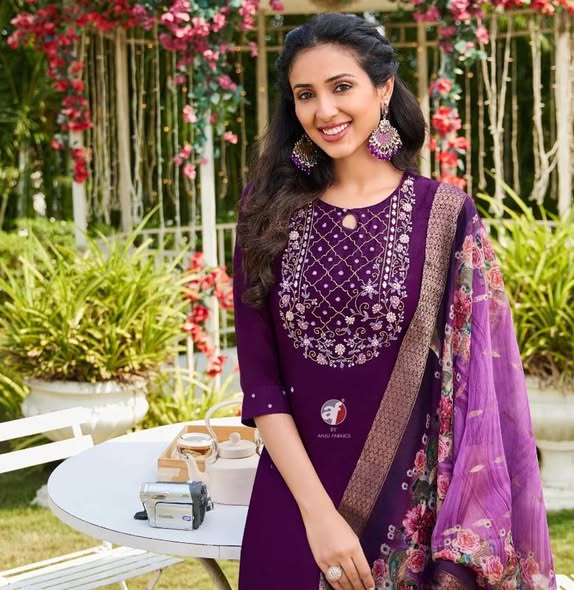 Purple Dola Silk Embroidered Suit – Size 48