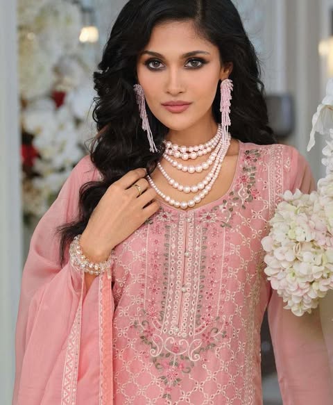 Pink Organza Embroidered Suit – Size 40