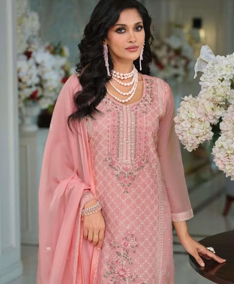 Pink Organza Embroidered Suit – Size 40