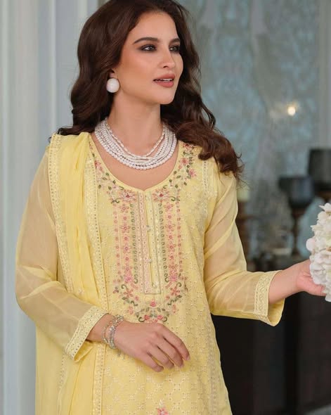 Yellow Organza Embroidered Suit – Size 40