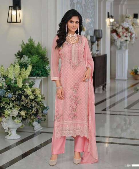 Pink Organza Embroidered Suit – Size 40