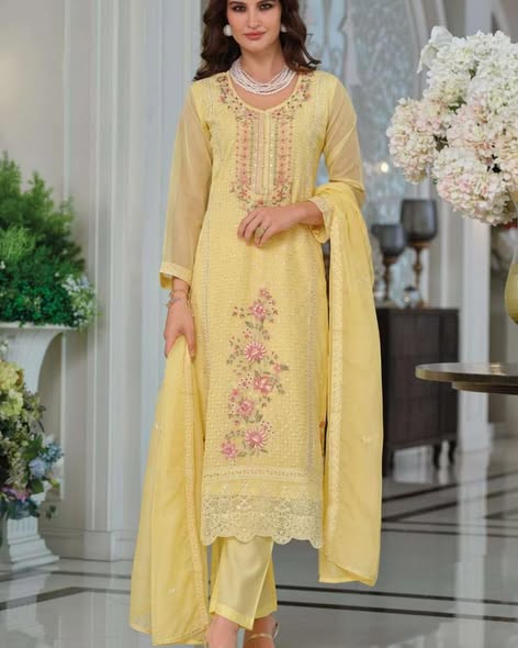 Yellow Organza Embroidered Suit – Size 40