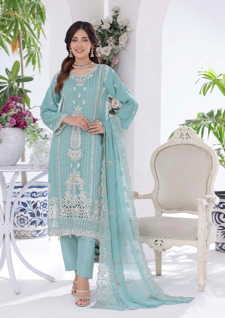 Light Blue Chiffon Embroidered Suit