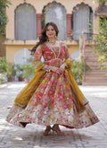 Red Floral Russian Silk Printed Anarkali Suit