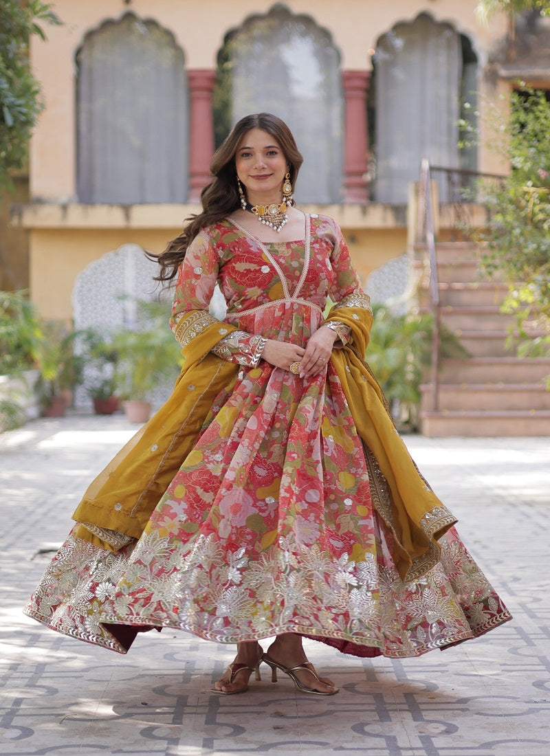 Red Floral Russian Silk Printed Anarkali Suit