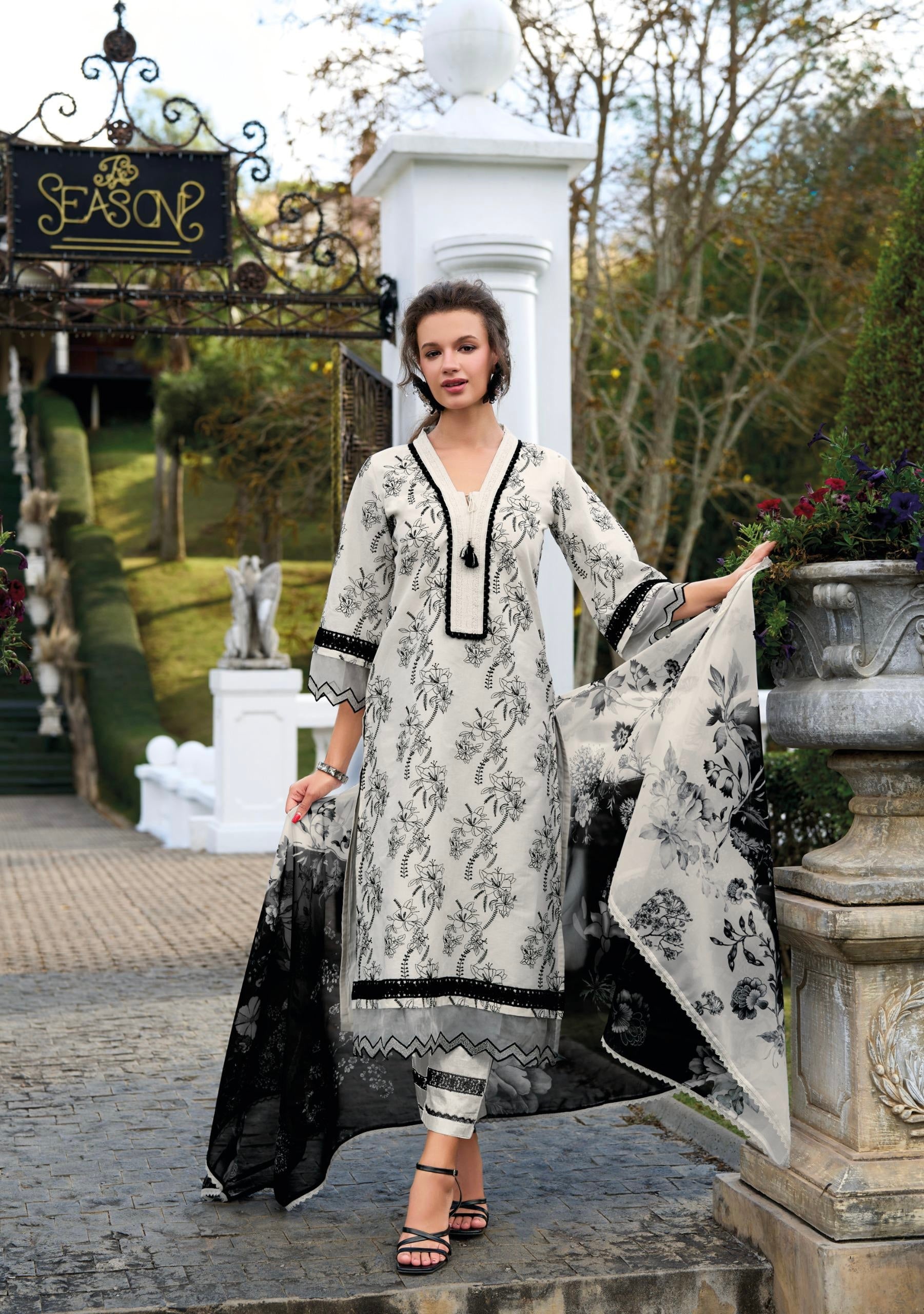 White & Black Cotton Floral Printed Suit