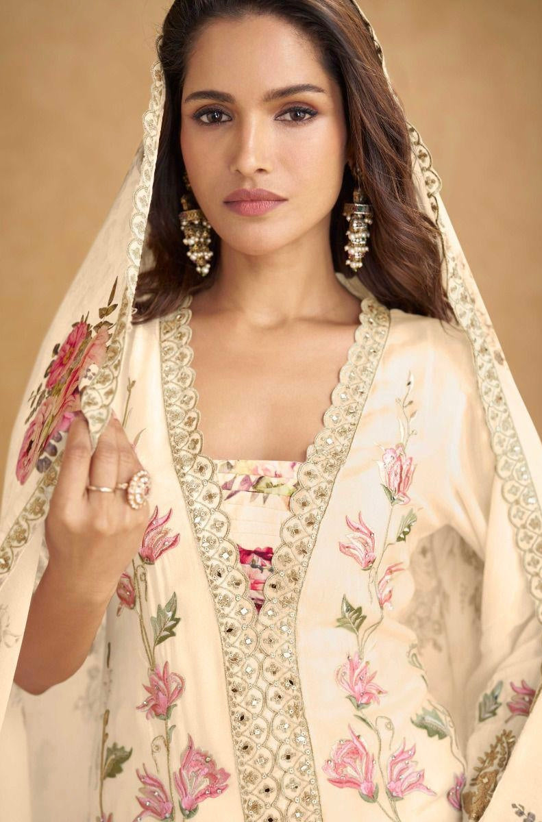 Ivory Chinon Floral Printed Suit