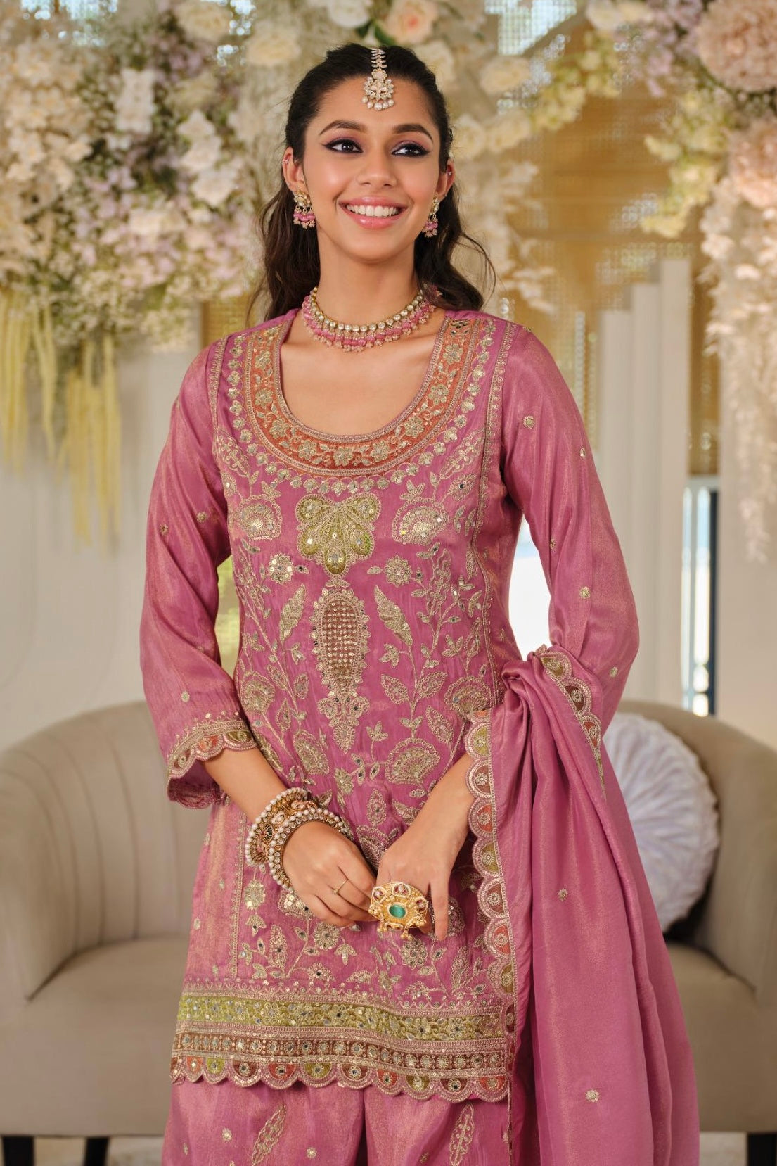 Dusty Rose Chinon Embroidered Sharara Set