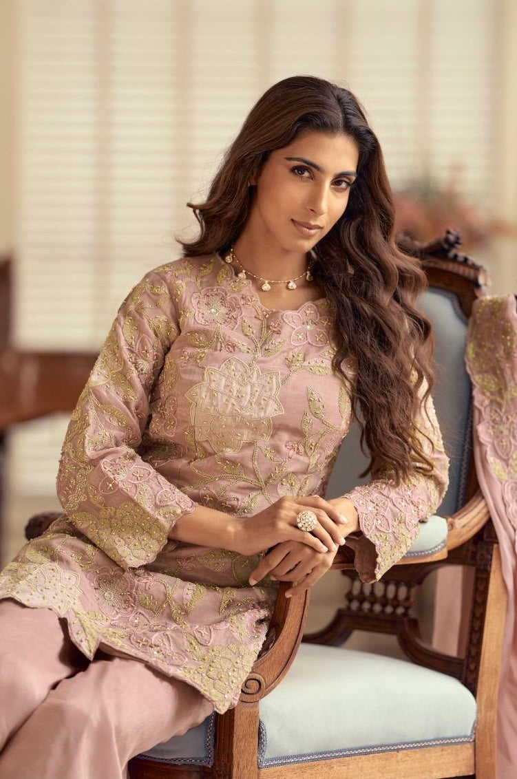 Premium Simar Silk Blush Pink Embroidered Plazzo Suit