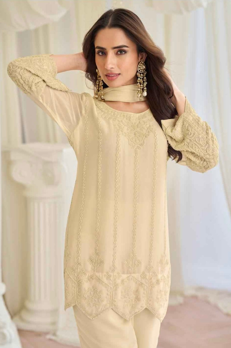 Ivory Georgette Embroidered Suit