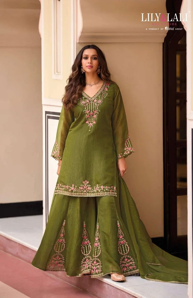 Olive Green Silk Embroidered Sharara Set