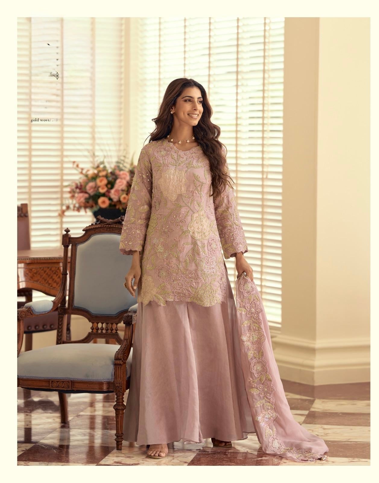 Premium Simar Silk Blush Pink Embroidered Plazzo Suit