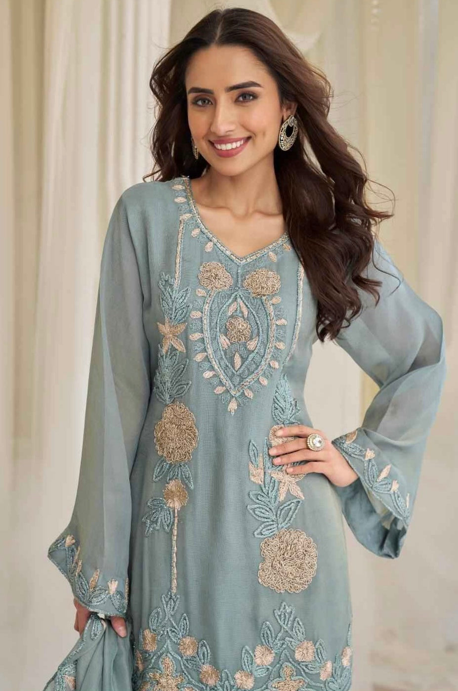 Dusty Blue Georgette Embroidered Plazzo Suit