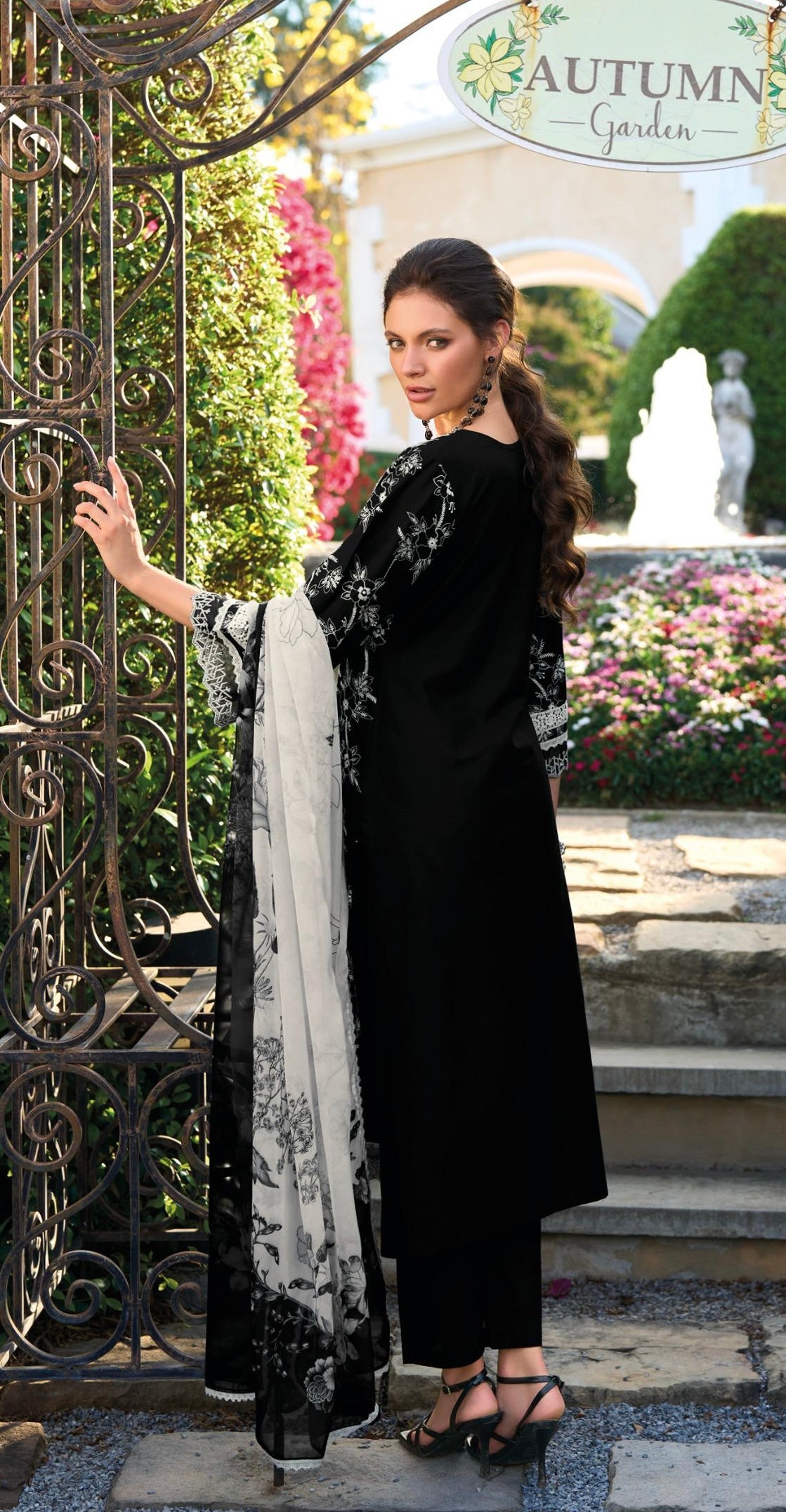 Black Cotton Floral Embroidered Suit