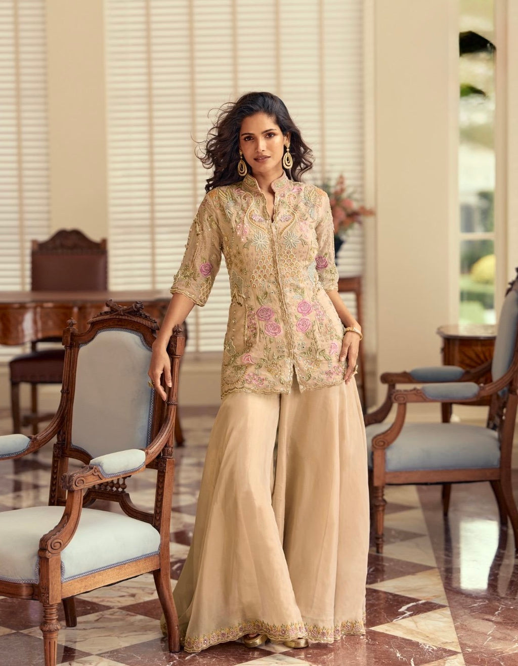 Premium Simar Silk Beige Embroidered Plazzo Suit