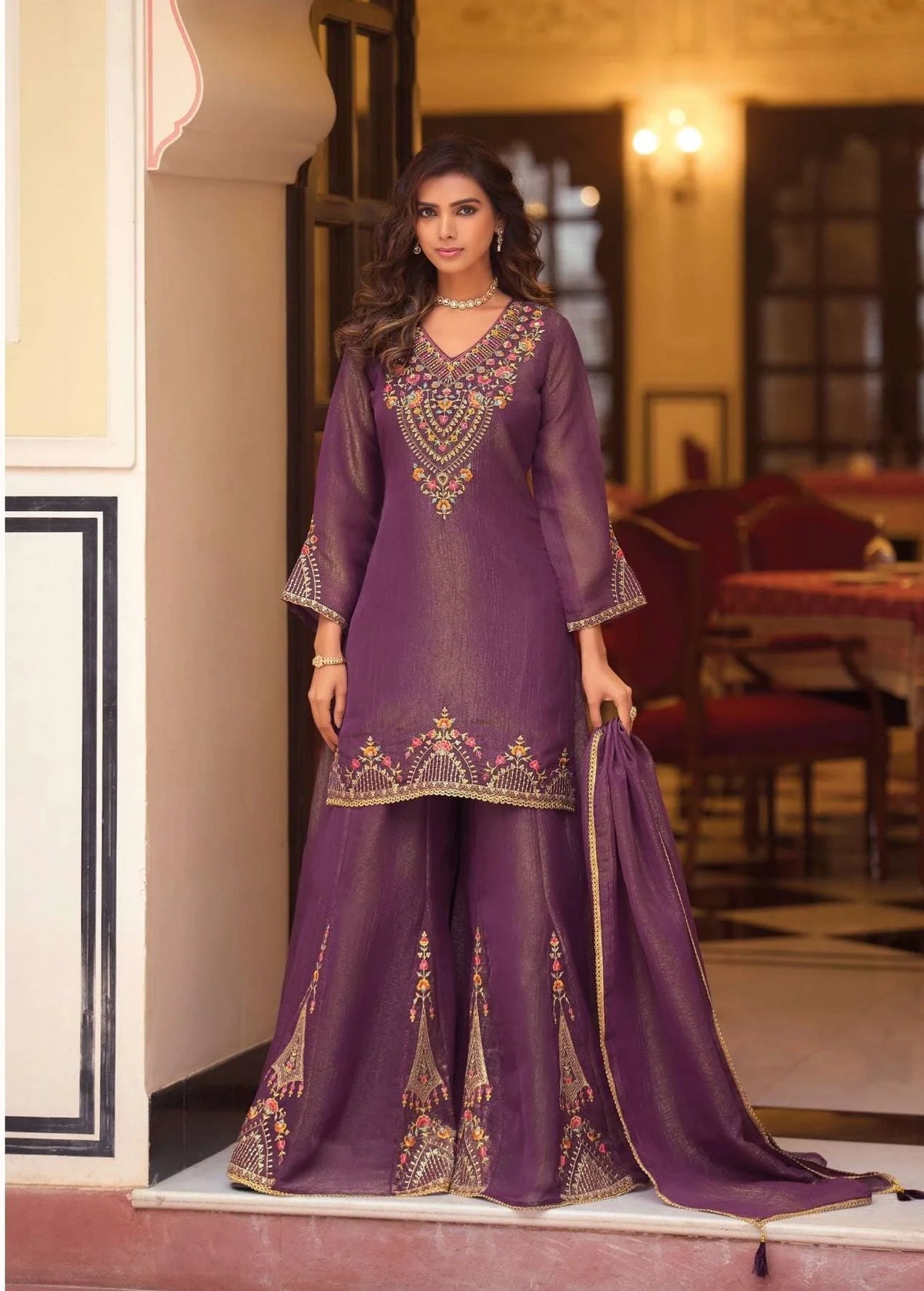 Plum Purple Silk Embroidered Sharara Set