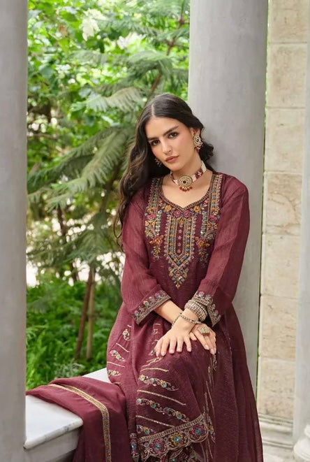 Burgundy Silk Embroidered Kurti Set