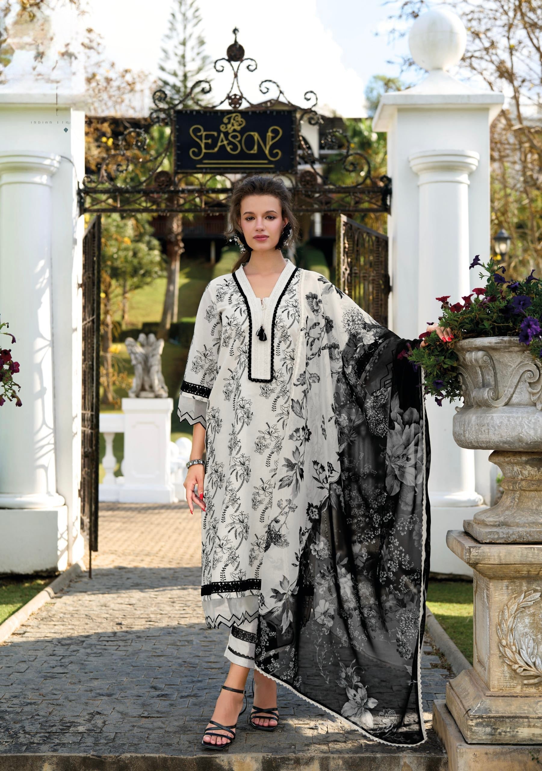 White & Black Cotton Floral Printed Suit