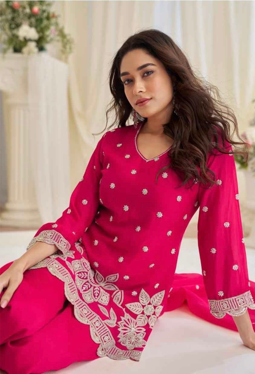 Hot Pink Georgette Embroidered Suit