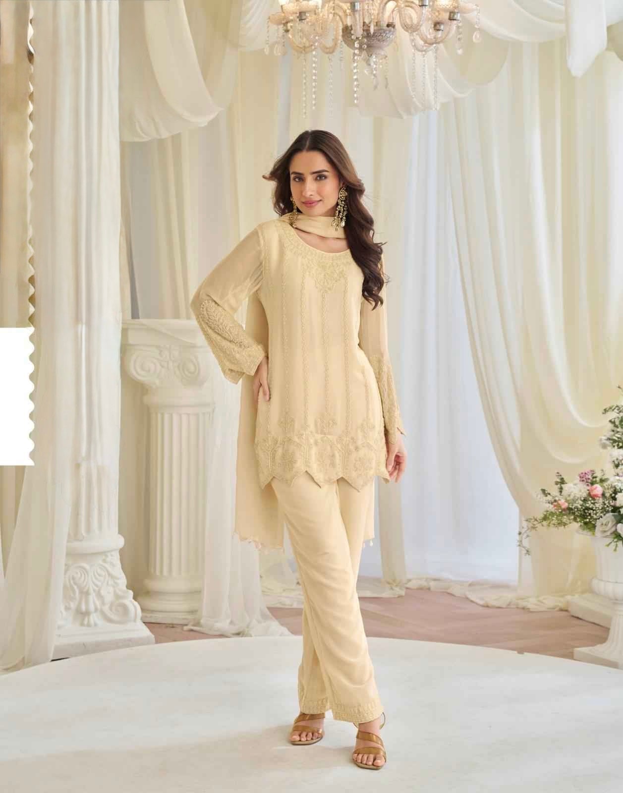 Ivory Georgette Embroidered Suit