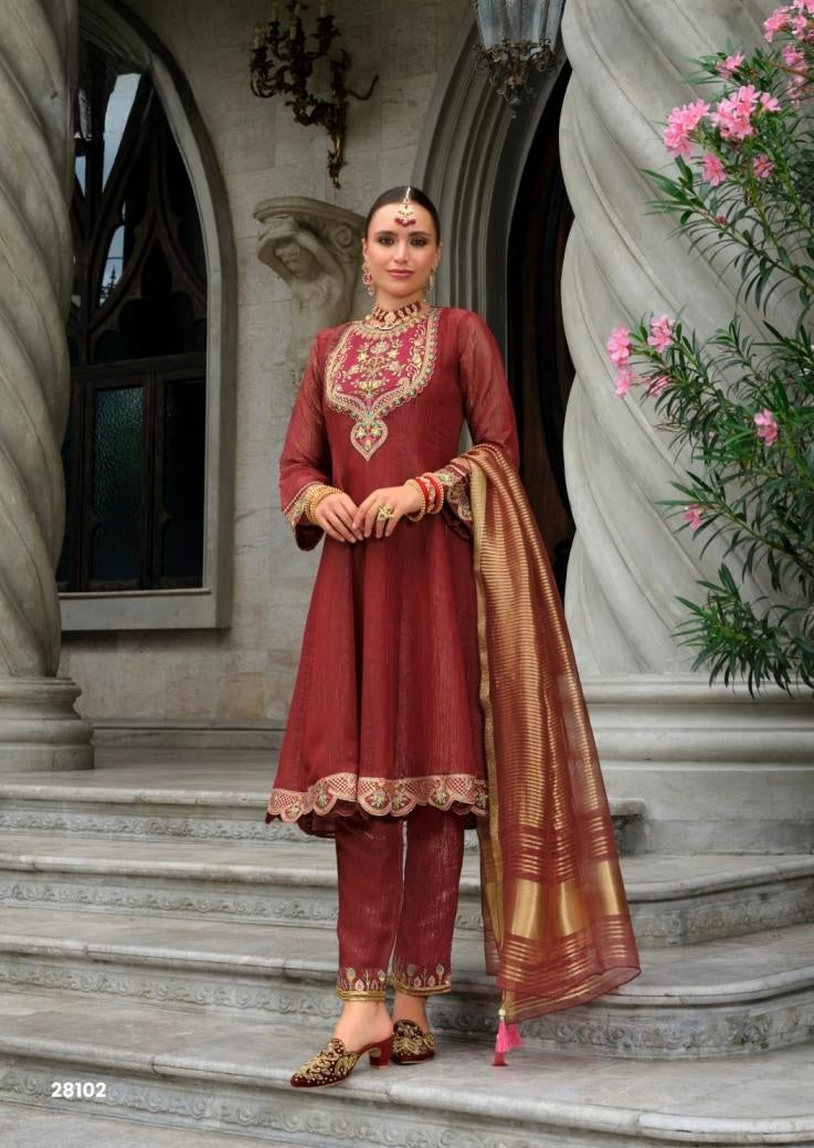 Rust Silk Embroidered Anarkali Suit