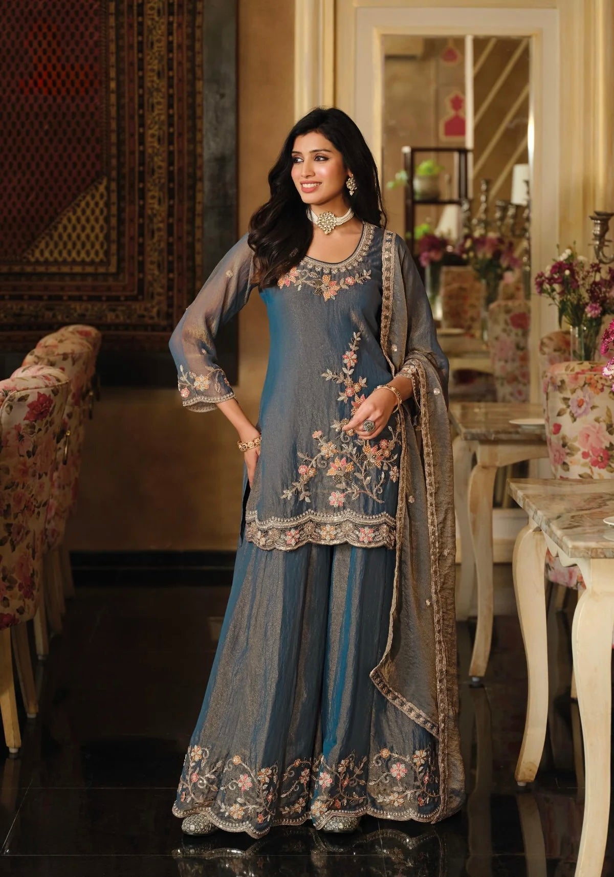 Steel Blue Moss Crepe Embroidered Sharara Set