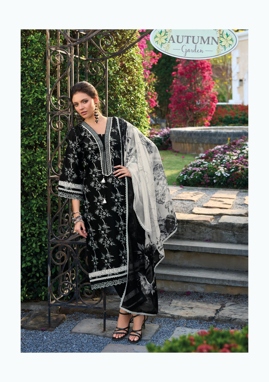 Black Cotton Floral Embroidered Suit