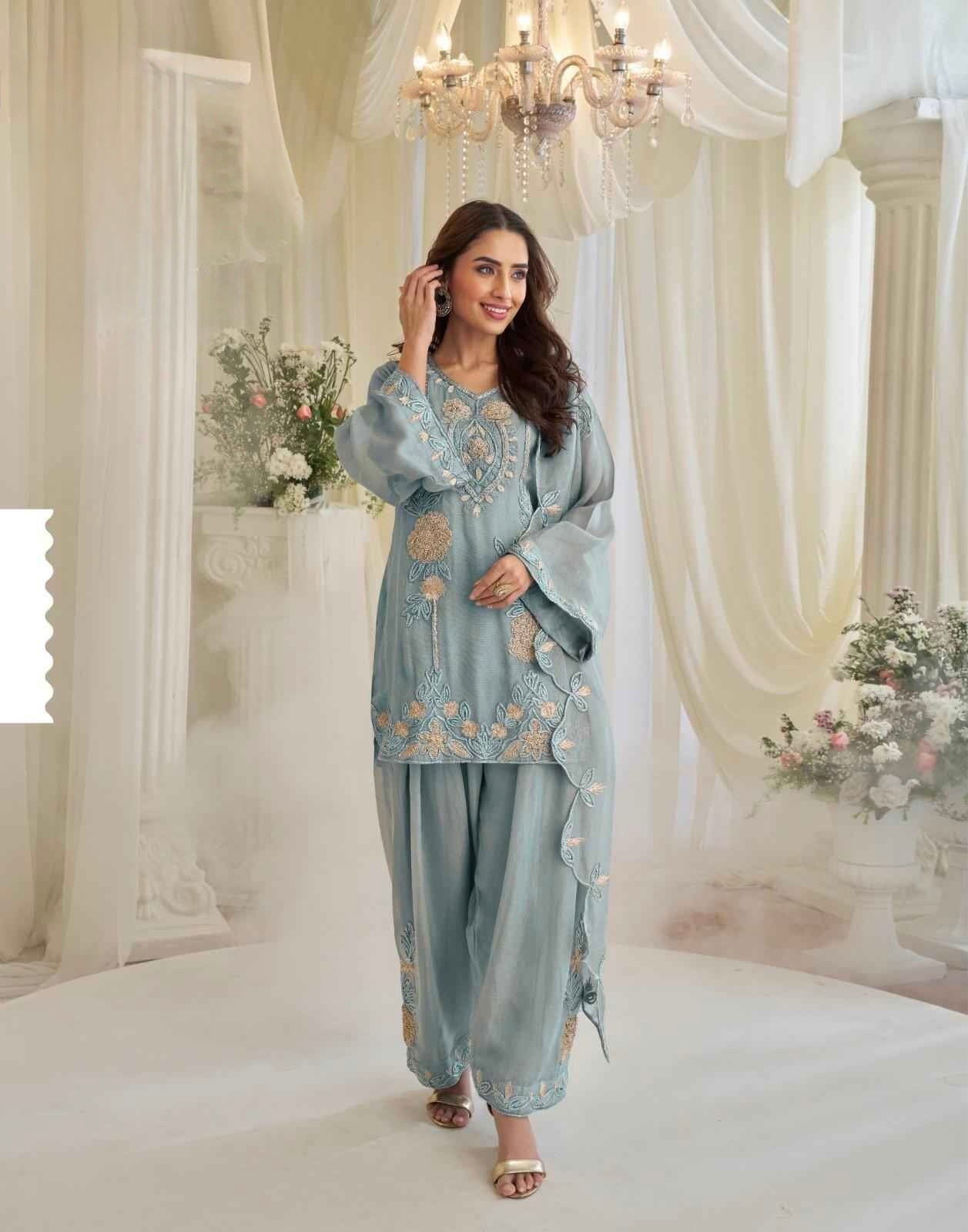 Dusty Blue Georgette Embroidered Plazzo Suit