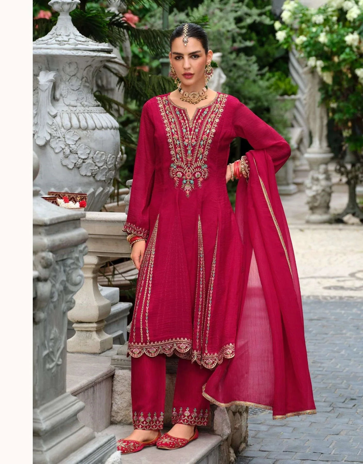Crimson Silk Embroidered Anarkali Suit
