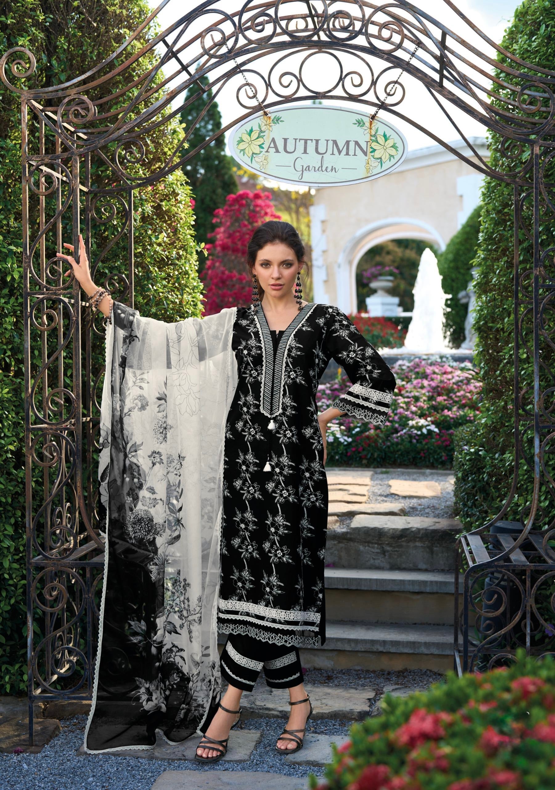 Black Cotton Floral Embroidered Suit