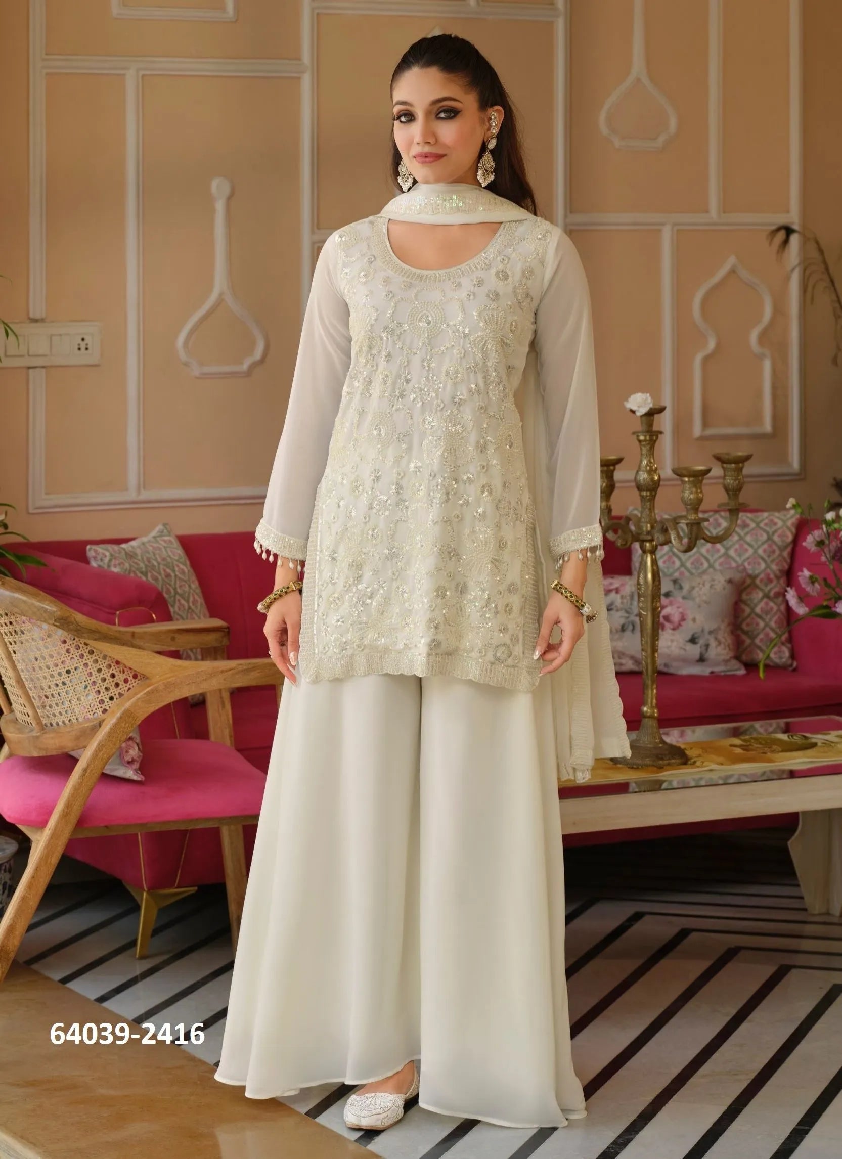 Off White Georgette Embroidered Sharara Set