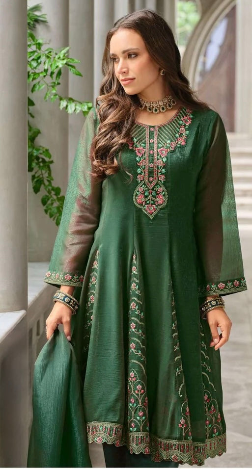 Emerald Green Silk Embroidered Kurti Set