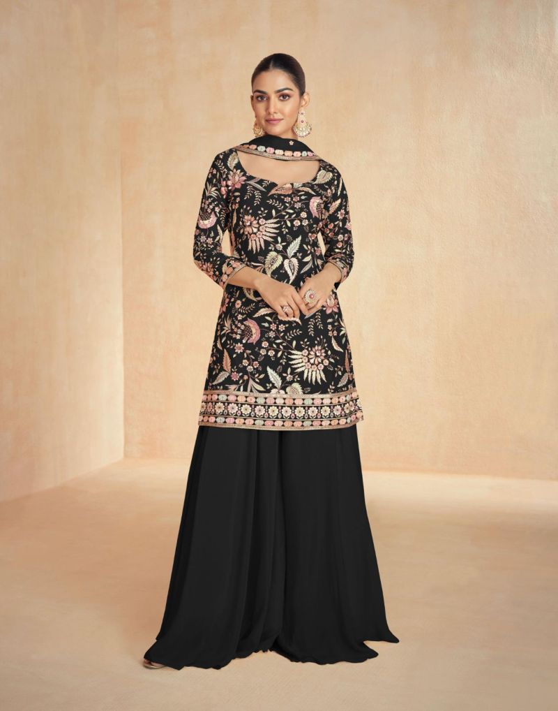 Black Chinon Silk Embroidered Sharara Set