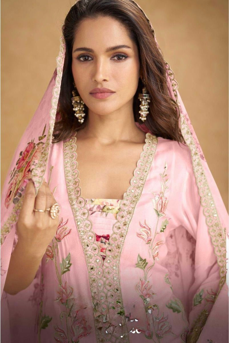 Baby Pink Chinon Floral Printed Suit