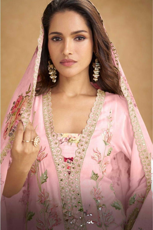 Baby Pink Chinon Floral Printed Suit