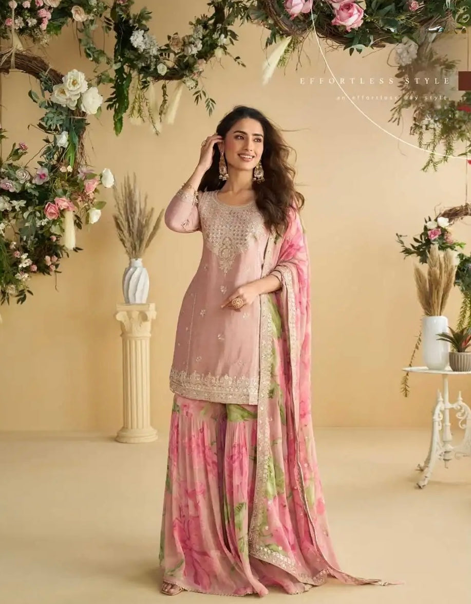 Blush Pink Chinon Embroidered Suit