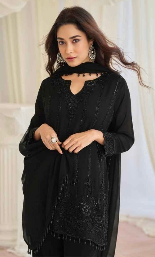 Black Georgette Embroidered Plazzo Suit