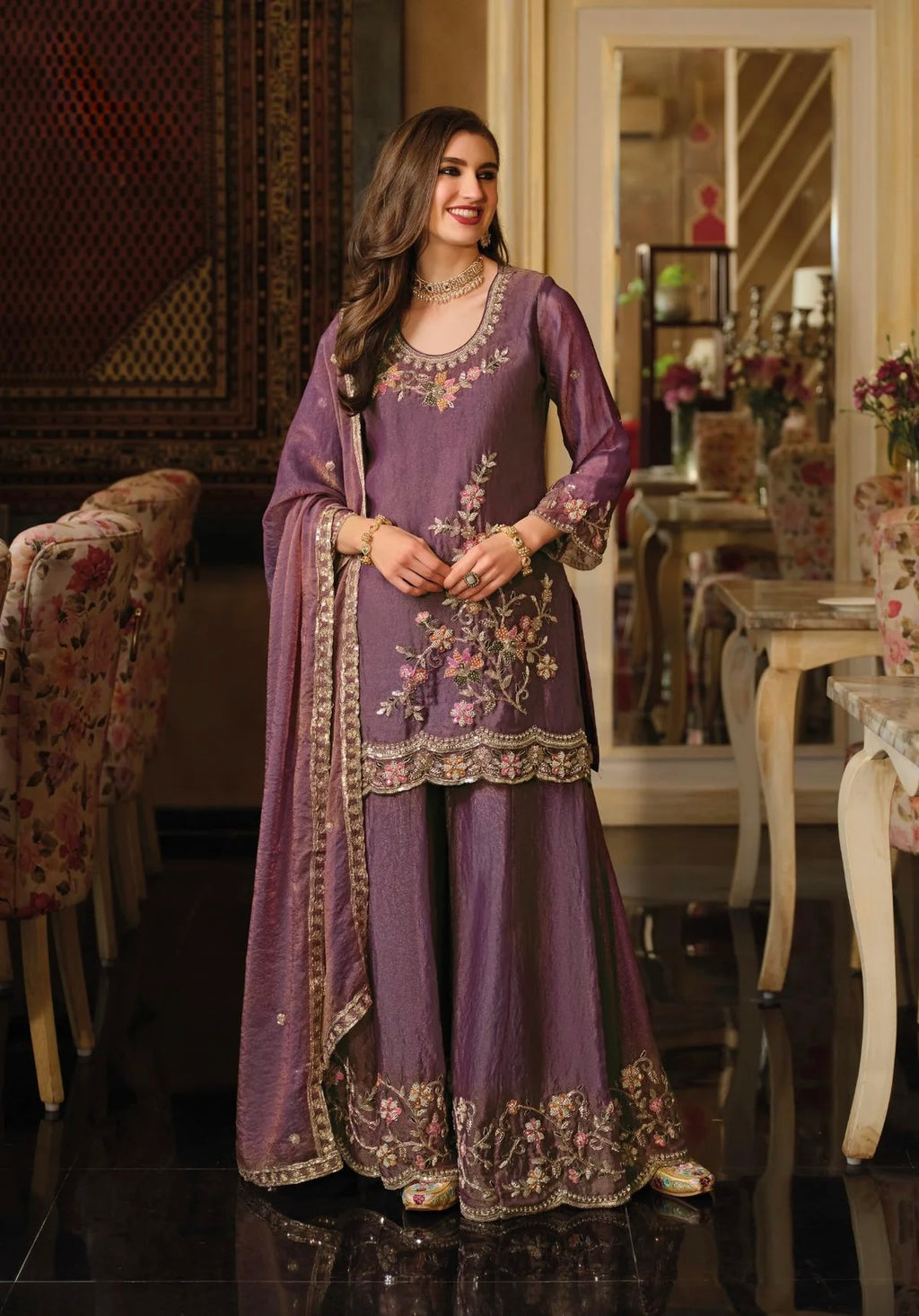 Mauve Moss Crepe Embroidered Sharara Set