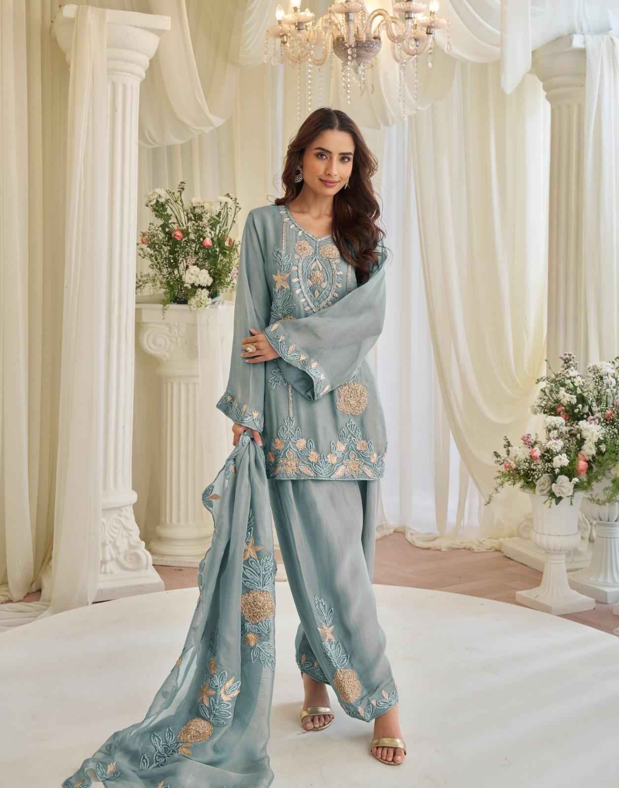 Dusty Blue Georgette Embroidered Plazzo Suit