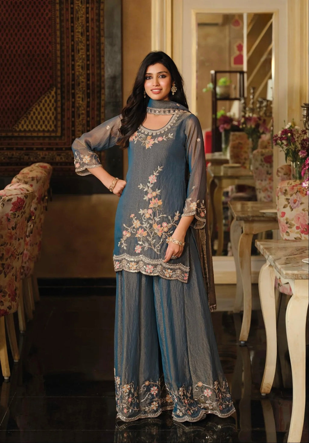 Steel Blue Moss Crepe Embroidered Sharara Set
