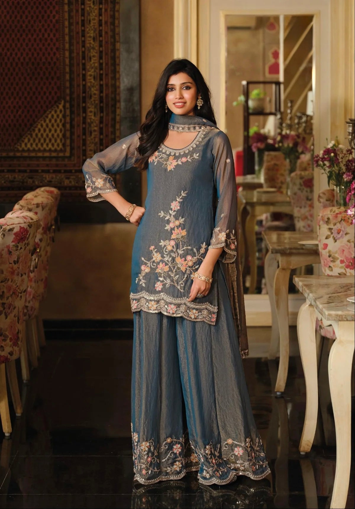 Steel Blue Moss Crepe Embroidered Sharara Set