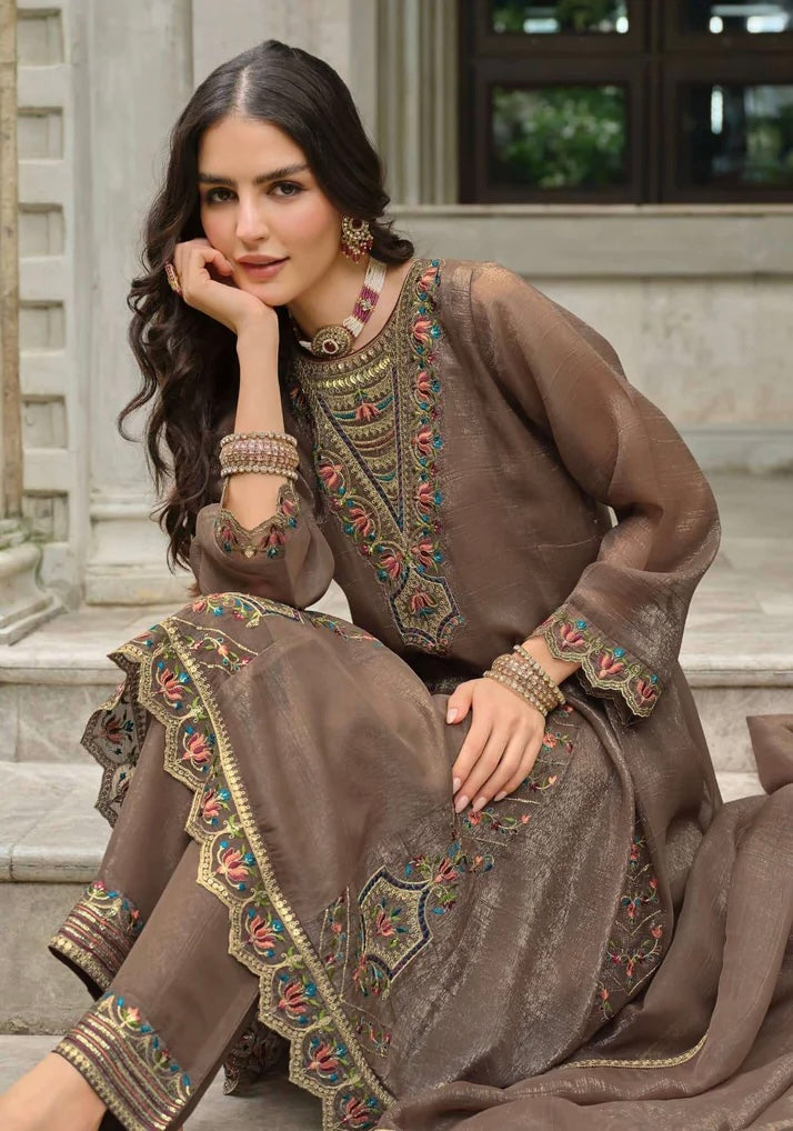 Mocha Brown Silk Embroidered Kurti Set