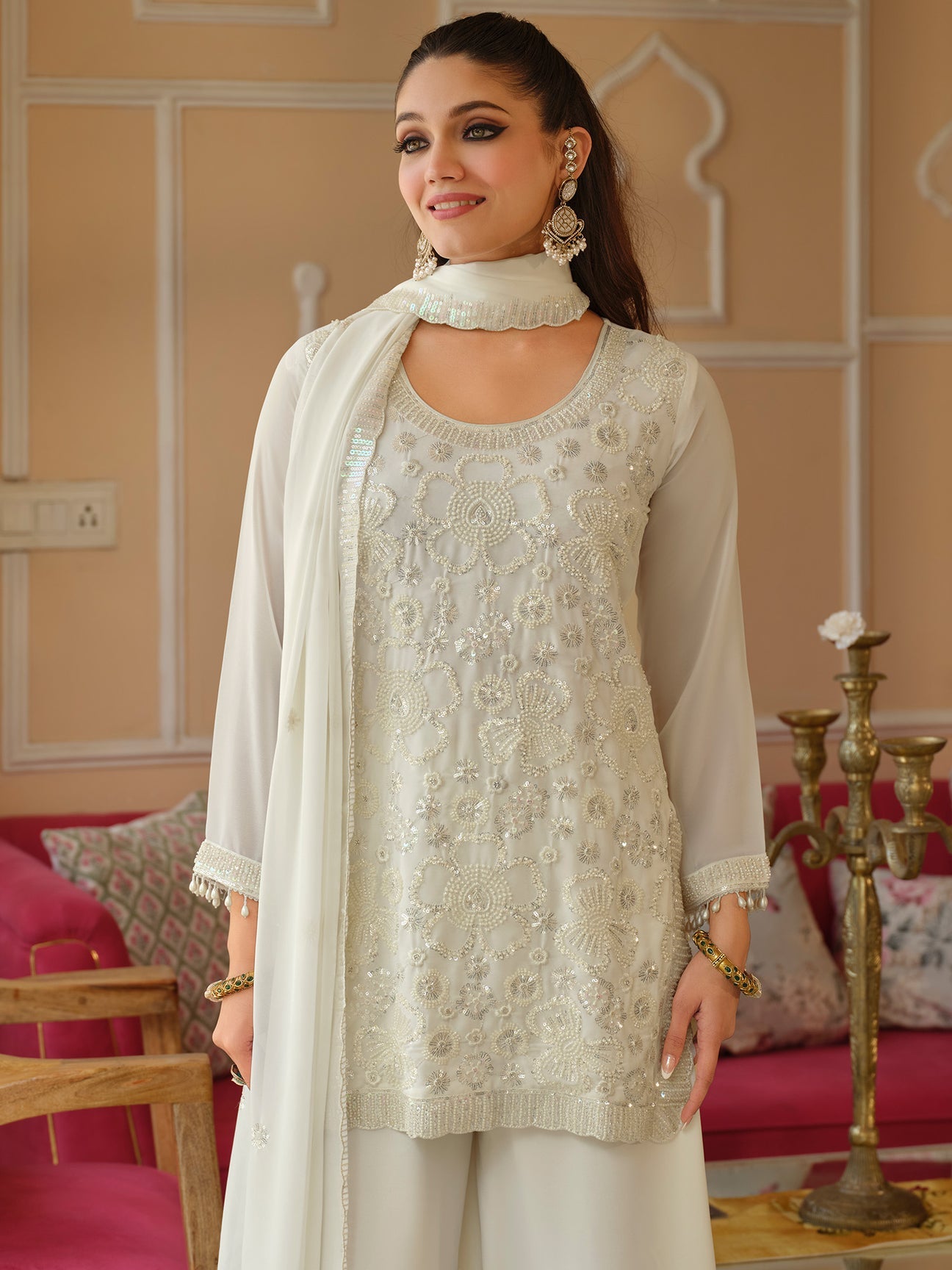Off White Georgette Embroidered Sharara Set