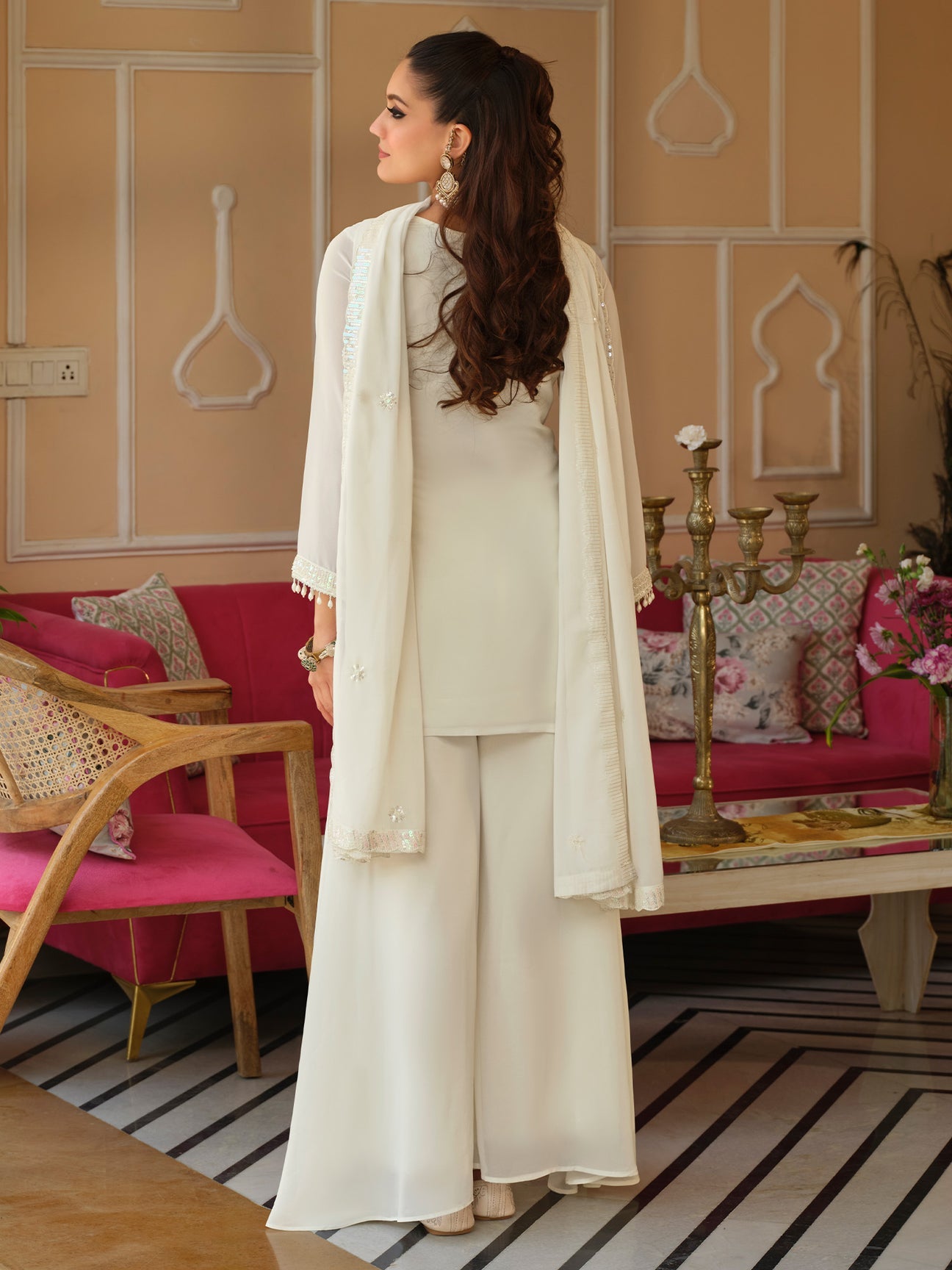 Off White Georgette Embroidered Sharara Set